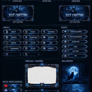 Op de afbeelding: Een digitaal stream-overlaypakket genaamd Wolf Pack Overly met een donkerblauw thema en wolvenafbeeldingen. Het bevat stream-schermen, panelen, waarschuwingen, een webcamframe, chatbox, social media-headers, achtergronden en overgangen.