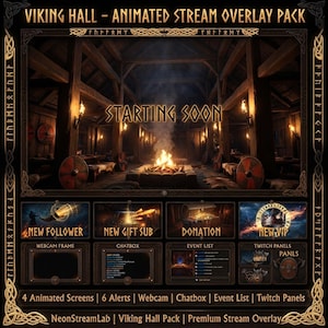 Könnte beinhalten: Ein animiertes Stream-Overlay-Paket im Wikingerhallen-Stil mit einem Startbildschirm, einer Feuerstelle, Holzbalken und Schilden. Enthält Webcam-Rahmen, Chatbox, Ereignisliste und Twitch-Panels mit goldenen Runenschrift-Akzenten.