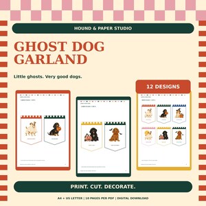 Ghirlanda di cani fantasma di Halloween stampabile, 12 disegni di bandierine retrò, bandiere grandi e piccole, PDF in formato A4 e US Letter