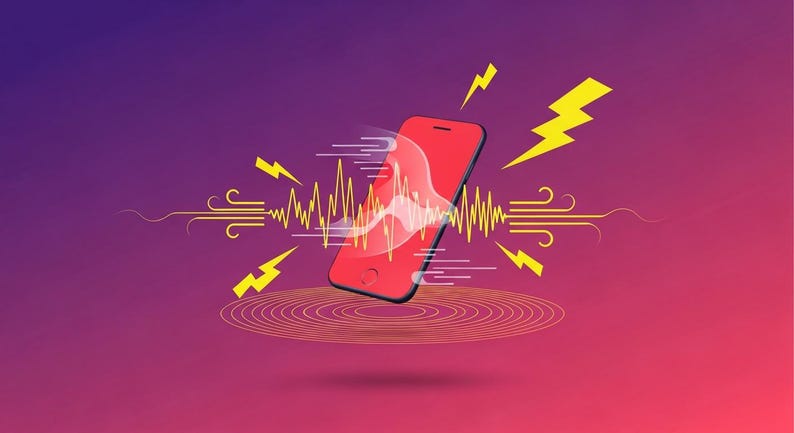 K&ouml;nnte beinhalten: Ein rotes Smartphone ist schr&auml;g positioniert, umgeben von gelben Blitzgrafiken und horizontalen Schallwellenlinien. Unter dem Ger&auml;t strahlen konzentrische Kreise auf einem violetten und rosafarbenen Hintergrundverlauf nach au&szlig;en.