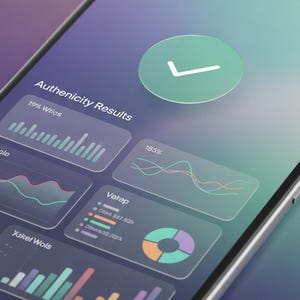 Puede incluir: Una pantalla de smartphone que muestra un panel de Authenticity Results con un icono de marca de verificaci&oacute;n verde, varios gr&aacute;ficos de datos, l&iacute;neas, un gr&aacute;fico circular y barras en tonos azul, morado, naranja y verde azulado.