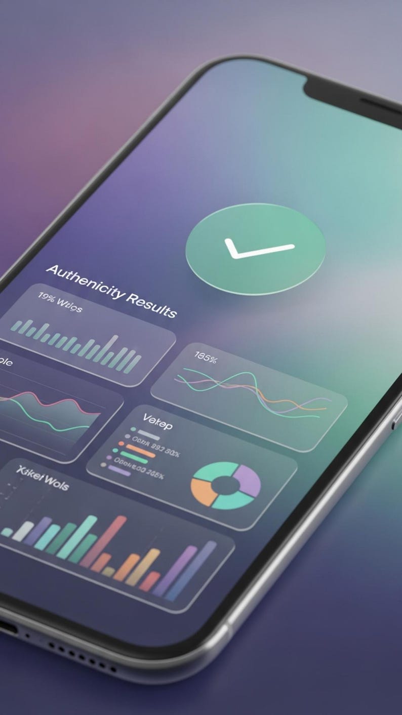 Puede incluir: Una pantalla de smartphone que muestra un panel de Authenticity Results con un icono de marca de verificaci&oacute;n verde, varios gr&aacute;ficos de datos, l&iacute;neas, un gr&aacute;fico circular y barras en tonos azul, morado, naranja y verde azulado.