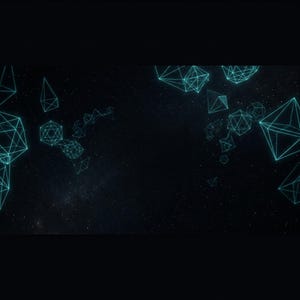 May include: A collection of glowing cyan geometric wireframe polyhedrons floating against a dark, starry space background. The shapes include various multi-faceted forms with interconnected lines, creating a digital, constellation-like appearance.