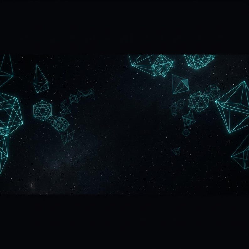 May include: A collection of glowing cyan geometric wireframe polyhedrons floating against a dark, starry space background. The shapes include various multi-faceted forms with interconnected lines, creating a digital, constellation-like appearance.