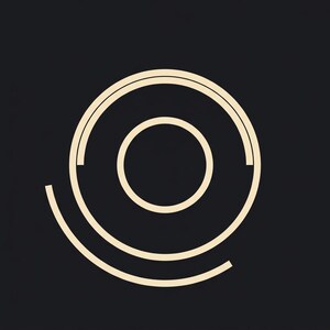 May include: A graphic design featuring a central solid circle outlined in light beige, surrounded by two concentric circular arcs of varying lengths and thicknesses, all set against a solid dark charcoal background.
