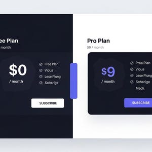 K&ouml;nnte beinhalten: Eine SaaS-Preisschnittstelle mit geteiltem Bildschirmdesign, die eine dunkle Seite f&uuml;r den Free Plan zu 0 $ pro Monat und eine helle Seite f&uuml;r den Pro Plan zu 9 $ pro Monat zeigt. Jeder Plan enth&auml;lt eine Liste von Funktionen und einen Button.