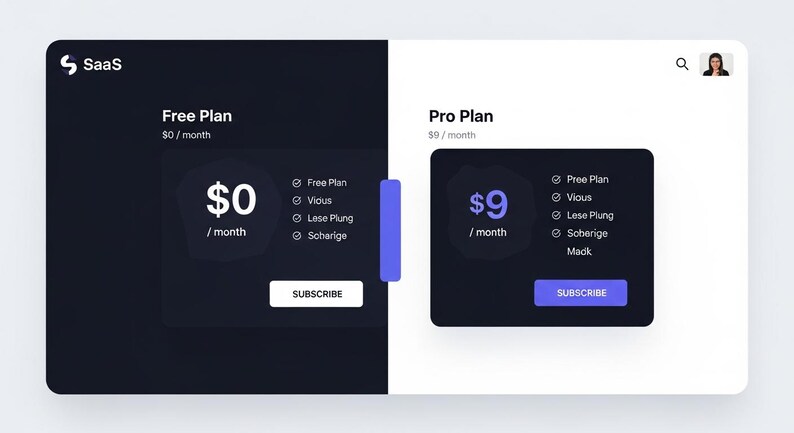 K&ouml;nnte beinhalten: Eine SaaS-Preisschnittstelle mit geteiltem Bildschirmdesign, die eine dunkle Seite f&uuml;r den Free Plan zu 0 $ pro Monat und eine helle Seite f&uuml;r den Pro Plan zu 9 $ pro Monat zeigt. Jeder Plan enth&auml;lt eine Liste von Funktionen und einen Button.