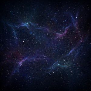 May include: A deep space scene featuring a vast field of bright white stars scattered across a dark navy blue background. Wispy, translucent nebulae in shades of vibrant purple and cyan stretch across the center, creating a cosmic cloud effect.