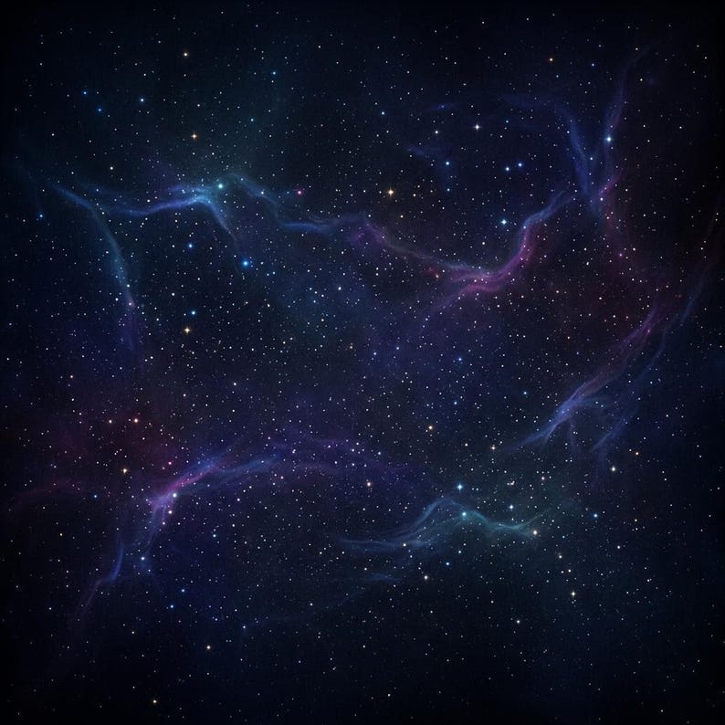 May include: A deep space scene featuring a vast field of bright white stars scattered across a dark navy blue background. Wispy, translucent nebulae in shades of vibrant purple and cyan stretch across the center, creating a cosmic cloud effect.