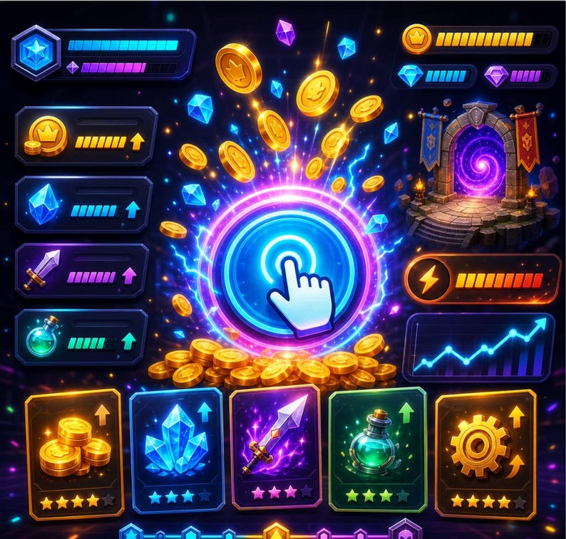 May include: A digital game interface featuring a central glowing blue portal with a hand cursor, surrounded by floating gold coins and blue crystals. Includes various UI elements like progress bars, a stone archway, and five rectangular item cards.