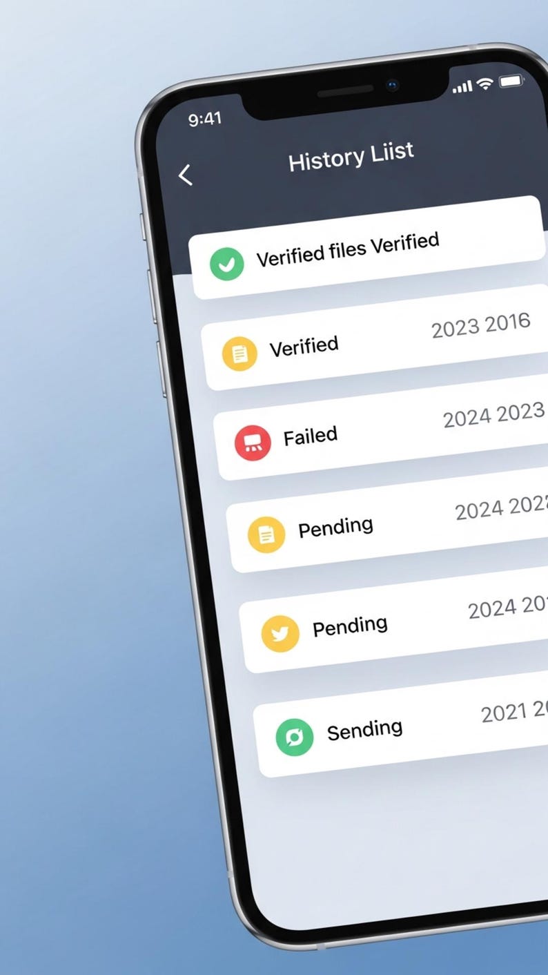 Puede incluir: Una pantalla de smartphone que muestra una interfaz History Liist con una lista de actualizaciones de estado. Las entradas incluyen Verified files, Verified, Failed, Pending y Sending, cada una con iconos espec&iacute;ficos y fechas.