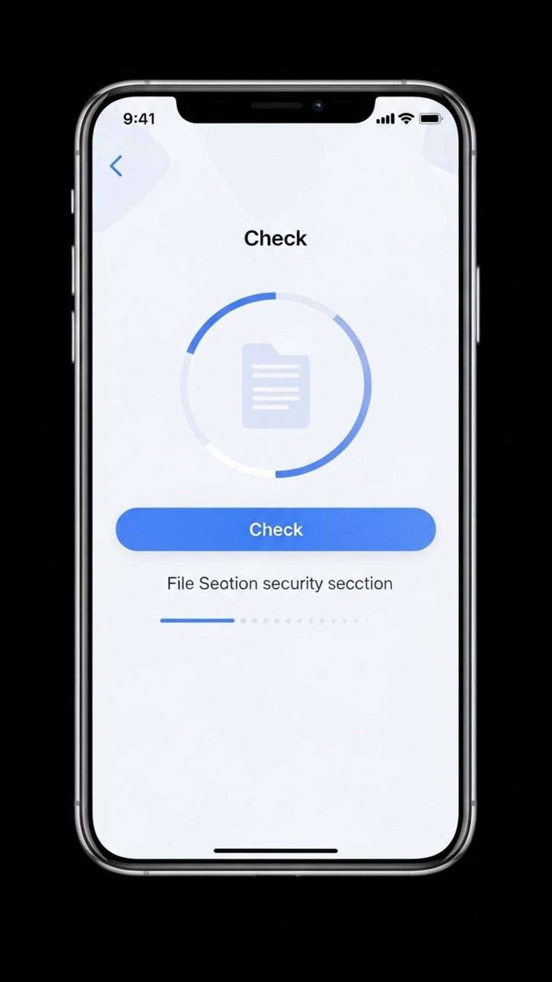 Puede incluir: Una pantalla de smartphone que muestra una interfaz de verificaci&oacute;n de seguridad con un icono de documento central rodeado por un anillo de progreso circular azul. La pantalla incluye el texto Check, un bot&oacute;n azul Check y el texto File Seation security secction.
