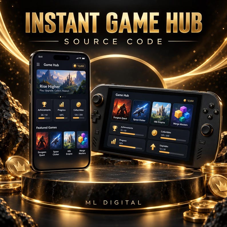 May include: A smartphone and a handheld gaming console displaying the Instant Game Hub interface with game titles like Dungeon Quest, Space Clicker, Idle Empire, and Merge Masters. The devices are set on a gold-rimmed platform with gold coins.