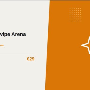 Op de afbeelding: Een digitaal productoverzicht voor Catch & Swipe Arena, een idle clicker en arcade game. De lay-out bevat een wit linkerdeel met zwarte tekst, een oranje rechterdeel met een wit vierpuntig sterpictogram en een raster van stippen.