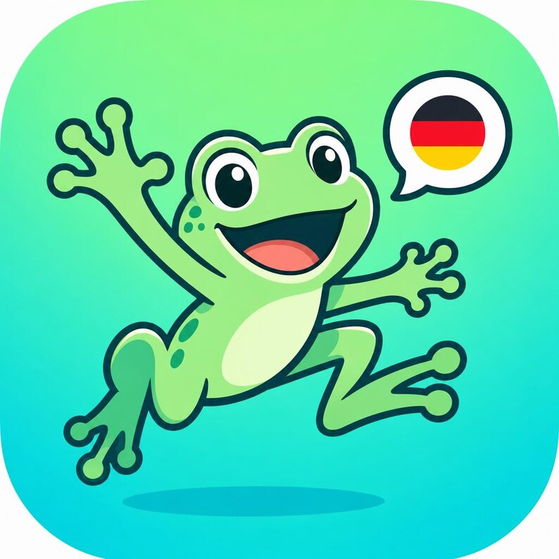 May include: A cartoon illustration of a light green frog with dark green spots, smiling and waving with one hand raised. A white speech bubble above the frog contains the black, red, and yellow horizontal stripes of the German national flag.