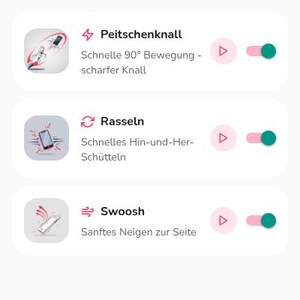 K&ouml;nnte beinhalten: Eine mobile App-Oberfl&auml;che mit der &Uuml;berschrift Sounds, Anweisungen zum Antippen von Karten und Schaltern. Es werden drei Sound-Optionen aufgef&uuml;hrt: Peitschenknall mit Peitschen-Symbol, Rasseln mit Rassel-Symbol und Swoosh mit Wind-Symbol.