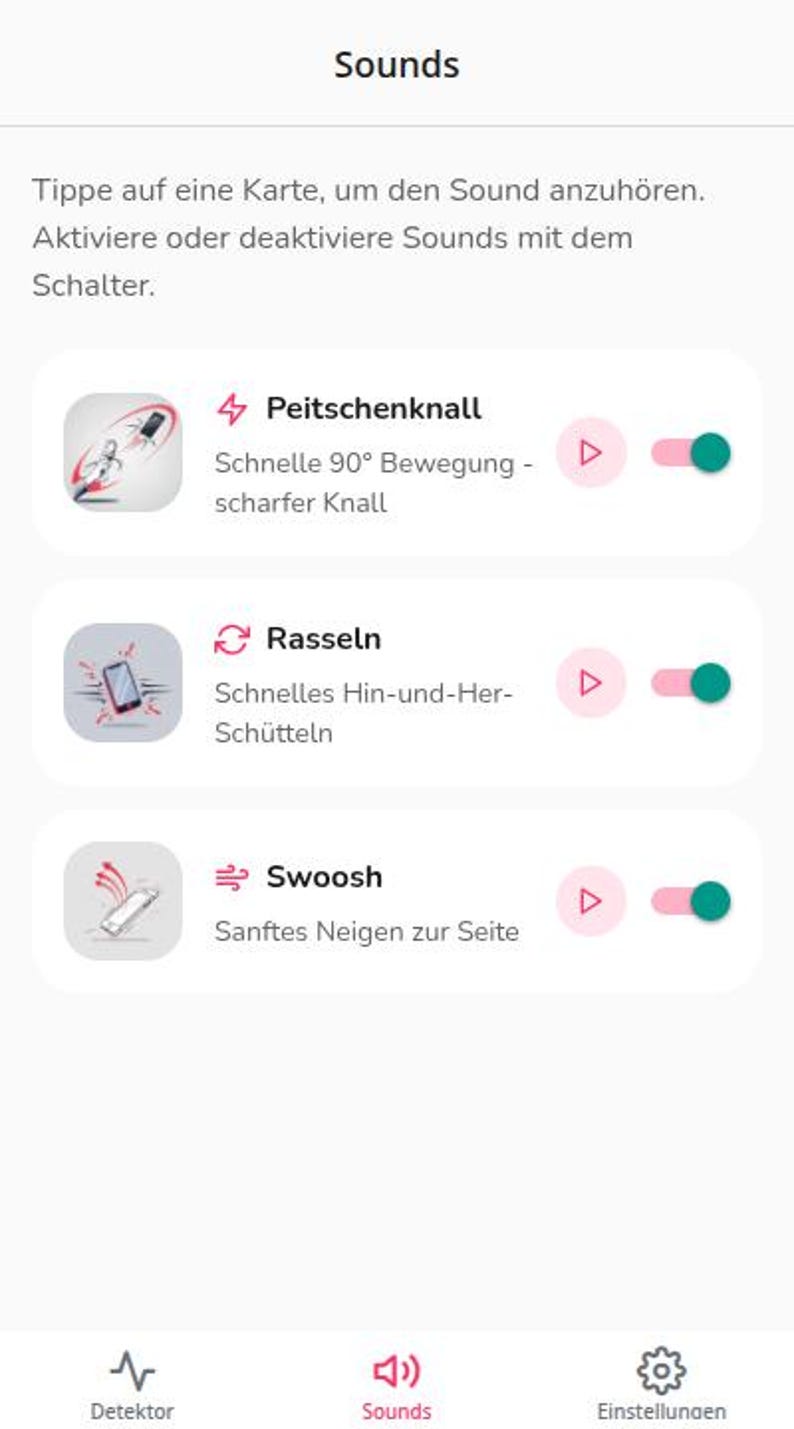 K&ouml;nnte beinhalten: Eine mobile App-Oberfl&auml;che mit der &Uuml;berschrift Sounds, Anweisungen zum Antippen von Karten und Schaltern. Es werden drei Sound-Optionen aufgef&uuml;hrt: Peitschenknall mit Peitschen-Symbol, Rasseln mit Rassel-Symbol und Swoosh mit Wind-Symbol.