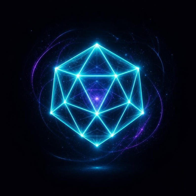 May include: A glowing icosahedron geometric shape constructed from bright cyan light lines. The structure features triangular faces and vertices that emit a radiant blue light, surrounded by faint purple swirling energy rings on a black background.