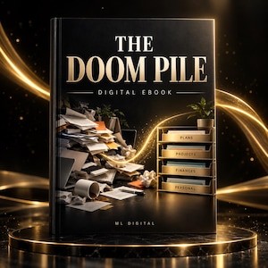 Könnte beinhalten: Ein schwarzes Buchcover mit dem Titel THE DOOM PILE DIGITAL EBOOK. Es zeigt einen chaotischen Stapel Papier und einen Schreibtisch-Organizer mit vier goldfarbenen Fächern, beschriftet mit PLANS, PROJECTS, FINANCES und PERSONAL. ML DIGITAL steht unten.