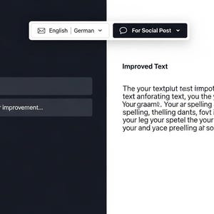 K&ouml;nnte beinhalten: Eine digitale Benutzeroberfl&auml;che, unterteilt in ein dunkelgraues linkes Feld und ein wei&szlig;es rechtes Feld. Oben befinden sich Dropdown-Men&uuml;s f&uuml;r Sprache und Format. Die linke Seite enth&auml;lt Eingabefelder mit der Beschriftung Original Text, For Email und Enter your text here for improvement. Die rechte Seite zeigt Improved Text mit Platzhaltertext.