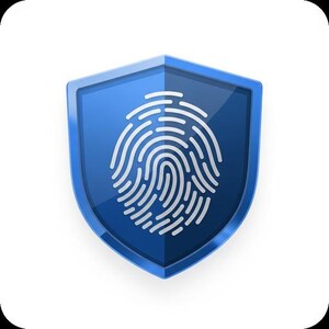 Puede incluir: Un icono de escudo azul brillante con un gr&aacute;fico de huella dactilar blanco centrado. El escudo tiene un borde biselado con un reflejo azul claro en el lado izquierdo y una sombra azul oscuro en el lado derecho, creando un efecto 3D.