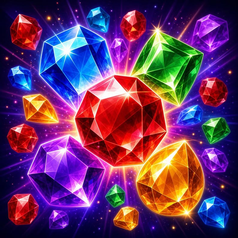 May include: A collection of multi-faceted gemstones in vibrant colors including red, blue, green, purple, and yellow. The gems are arranged against a dark background with radiating light beams emanating from the center, creating a glowing effect.