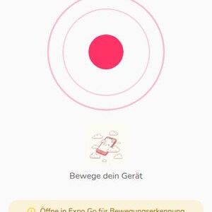 K&ouml;nnte beinhalten: Eine mobile App-Oberfl&auml;che mit dem Titel Motion Whip, die einen zentralen pinken Kreis mit konzentrischen Ringen, eine AKTIV-Statusanzeige, eine Grafik eines Handys mit Wolken sowie den Text Bewege dein Ger&auml;t und &Ouml;ffne in Expo Go f&uuml;r Bewegungserkennung zeigt.