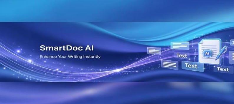 K&ouml;nnte beinhalten: Ein digitales Banner mit tiefblauem Hintergrund, flie&szlig;enden Lichtstreifen und Funken. Links steht der Text SmartDoc AI Enhance Your Writing Instantly. Rechts befindet sich ein Dokumentensymbol mit einem KI-Chip und einem Stift.