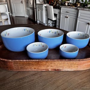 Vintage Hall China Morning Glory Nesting Bowls Set of 5, Blue Floral Mixing Bowls, American Pottery, Farmhouse Kitchen Decor