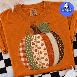 Op de afbeelding: Een oranje t-shirt met ronde hals en een grote, centrale pompoenafbeelding bestaande uit verticale panelen met diverse patronen, waaronder ruiten, bloemen, herfstbladeren, stippen en kleine pompoenen, bekroond met een groen blad.