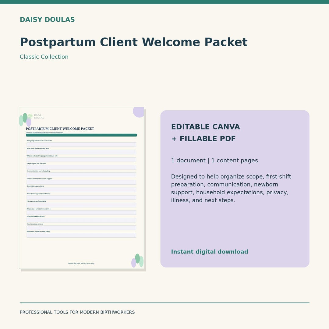 Postpartum Client Welcome Packet | Editable Canva Template + Fillable ...