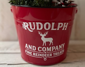 Farmhouse Christmas Decor, Christmas Decor, Christmas Pail, Rudolph Pail, Christmas Planter, Rustic Christmas Decor