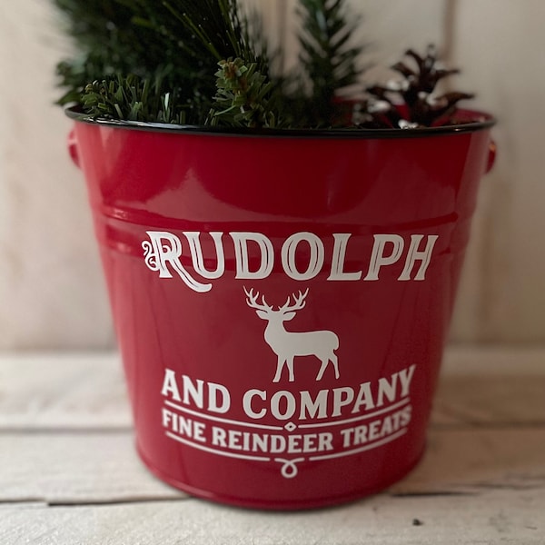 Farmhouse Christmas Decor, Christmas Decor, Christmas Pail, Rudolph Pail, Christmas Planter, Rustic Christmas Decor