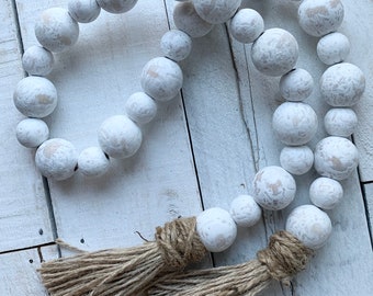 Farmhouse Decor, Wood Bead Garland with Tassels, Bead Garland, Wood Bead Strands, White Bead Garland, Farmhouse Garland, Farmhouse Beads