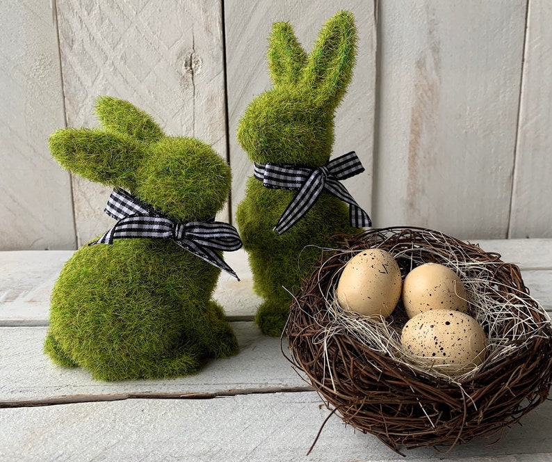 Farmhouse Decor, Easter Decor, Easter Bunny, Bunny Decor, Moss Bunny, Easter Tiered Tray, Tiered Tray Decor, Spring Decor,Moss Easter Bunny image 1