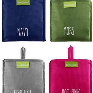 May include: Four reusable shopping bags in different colors: navy blue, moss green, gray, and hot pink. Each bag has a white label with the text "BeeGreen" and the color name printed in white.