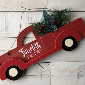 Farmhouse Red Truck Christmas Tree Sign, Farmhouse Christmas Decor, Little Red Truck Decor, Personalized Red Truck Sign, Red Truck Sign