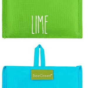 May include: Two reusable shopping bags with a lime green and a blue color. The bags have a white BeeGreen logo and the words "Lime" and "Sea Mist" printed on them.