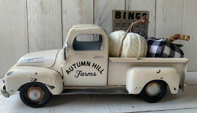 Farmhouse Decor, White Farm Truck, White Truck, Fall Truck, Personalized Truck, Metal Farm Truck, Buffalo Check Truck,Farm Truck Centerpiece