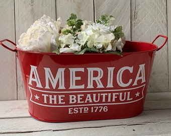 Farmhouse Decor,Farmhouse Planter, Personalized Decor, Farmhouse Tin, America the Beautiful, Patriotic Decor, July 4 Decor, American Decor