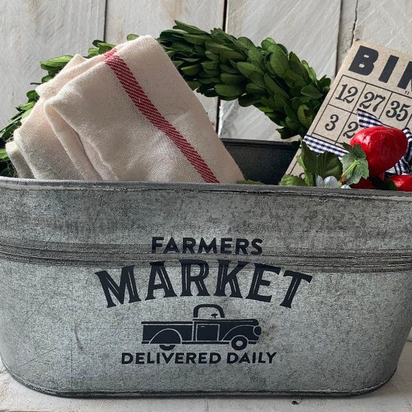 Farmhouse Decor, Farmers Market Decor, Farmers Market, Market Galvanized Tub, Farmers Market Metal Planter, Farmhouse Planter