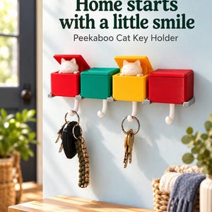 May include: A wall-mounted key holder featuring four colorful boxes with lids. Two boxes show white cat heads peeking out. Below each box is a white hook holding keys. The text reads: Home starts with a little smile. Peekaboo Cat Key Holder.
