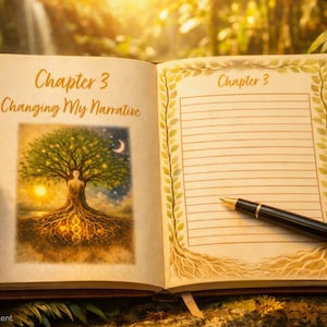 Könnte beinhalten: Ein offenes Tagebuch mit dem Text Chapter 3 Changing My Narrative auf der linken Seite über einer Illustration eines Baumes mit Wurzeln und einer menschlichen Figur. Die rechte Seite zeigt liniertes Papier mit einem Blattrand und einem Kugelschreiber.