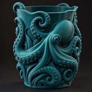 Puede incluir: Un recipiente cilíndrico de color verde azulado con un relieve tridimensional de pulpo envuelto alrededor del exterior. El pulpo tiene múltiples tentáculos texturizados con ventosas visibles que se extienden desde la base hasta el borde superior.