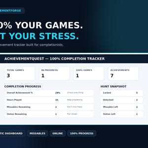 May include: A digital dashboard interface titled ACHIEVEMENTQUEST — 100% COMPLETION TRACKER. It displays statistics including 3 total games, 1 in progress, 1 100% game, and 7 achievements. The layout includes sections for completion progress and hunt snapshot.