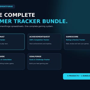 Puede incluir: El Complete Gamer Tracker Bundle de AchievementForge incluye cinco hojas de cálculo digitales: GameVault Backlog Tracker, AchievementQuest 100% Completion Tracker, GameScore Rating & Review Tracker, GameGuide Missables & Collectibles y GoalForge Goals & Challenge Tracker.