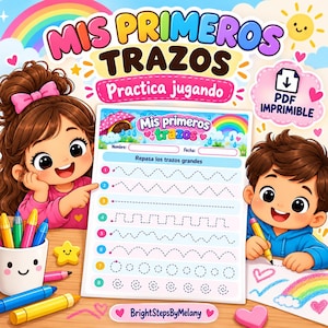 Könnte beinhalten: Ein ausdruckbares Lernarbeitsblatt mit dem Titel Mis Primeros Trazos, das nummerierte Linien zum Nachzeichnen von Mustern wie Wellen, Zickzacklinien und Kreisen enthält. Die Seite bietet Platz für Name und Datum und ist von bunten Illustrationen von Kindern und Buntstiften umgeben.