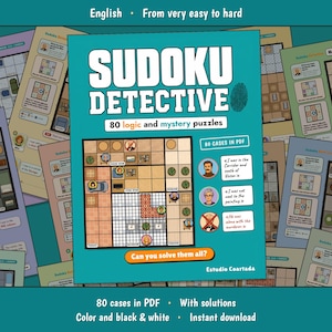 May include: A teal Sudoku Detective puzzle book cover featuring the text 80 logic and mystery puzzles, 80 cases in PDF, and Can you solve them all? The cover displays a grid-based logic puzzle with character icons and clues in English.