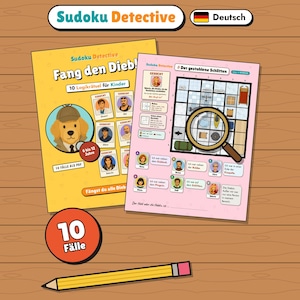 Sudoku alemán para niños imprimible – Detektiv-Sudoku für Kinder – 10 Logikrätsel (PDF) – 6 bis 12 Jahre