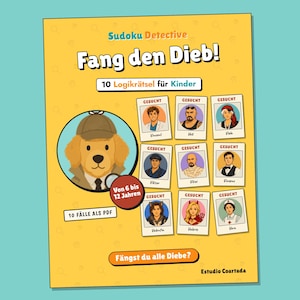Puede incluir: Una portada de libro de actividades Sudoku Detective amarilla titulada Fang den Dieb! con un perro detective de dibujos animados con sombrero y gabardina, nueve carteles de se busca y el texto 10 Logikrätsel für Kinder.
